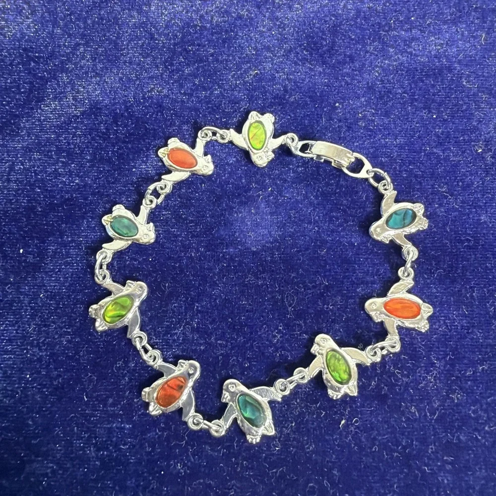 Vintage Silver Tone Penguin Abalone Inlay Link Bracelet 8
